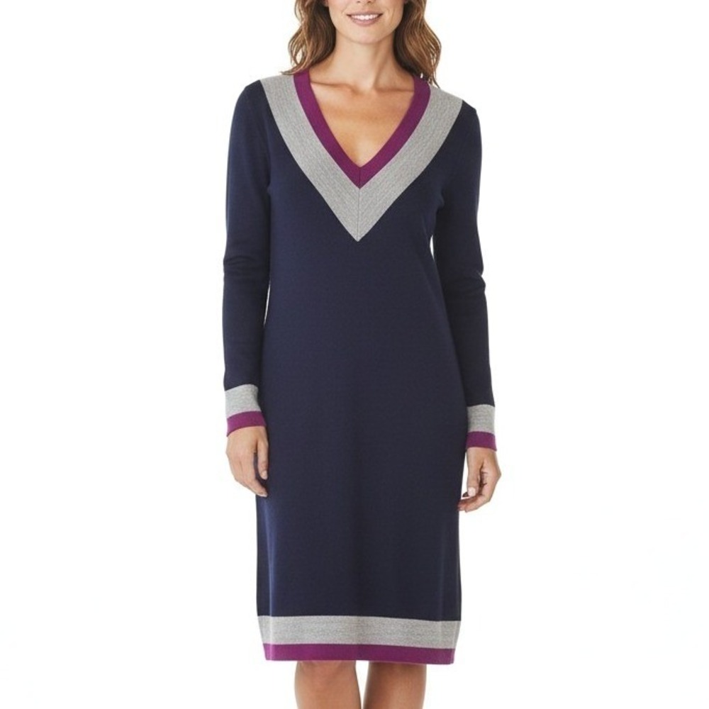 Cynthia Rowley Navy Blue 100% Merino Wool Colorblock V-Neck Sweater Dress S
